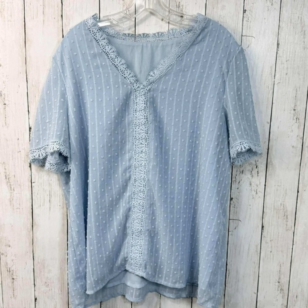 Women's Light Blue Swiss Dot Lace Trim Blouse Boho Cottagecore Size XL